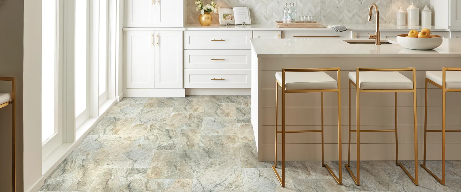 Stone Tile in White Kitchen with Bar top | De/Mar Design Studio